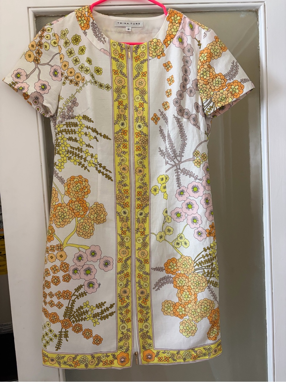 Trina Turk Pink Floral Mini Dress with Green Accents